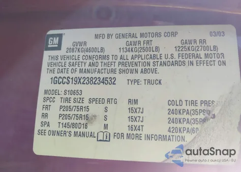 2003 Chevrolet S-10 Ls z USA, uszkodzony, nr VIN 1GCCS19X238234532